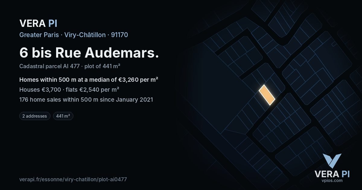 6 bis Rue Audemars, Viry-Châtillon at night – the plot lit, the parcels around coloured by the prices near them
