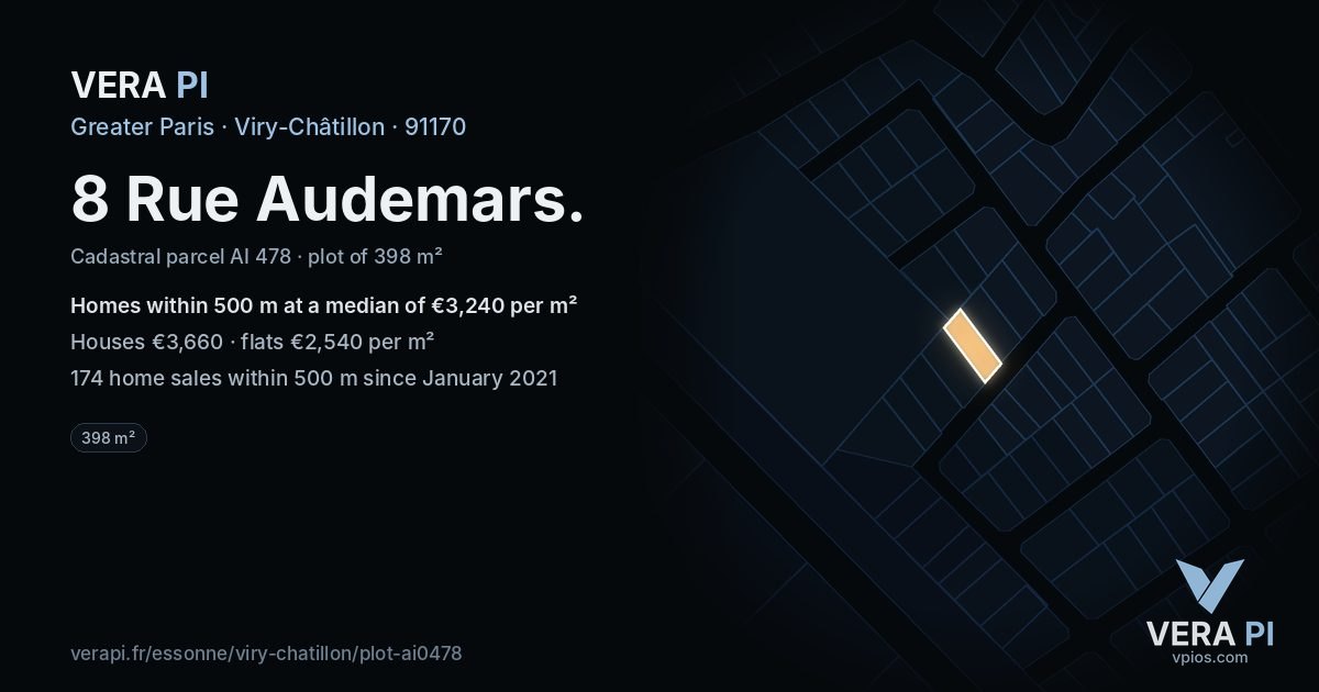 8 Rue Audemars, Viry-Châtillon at night – the plot lit, the parcels around coloured by the prices near them