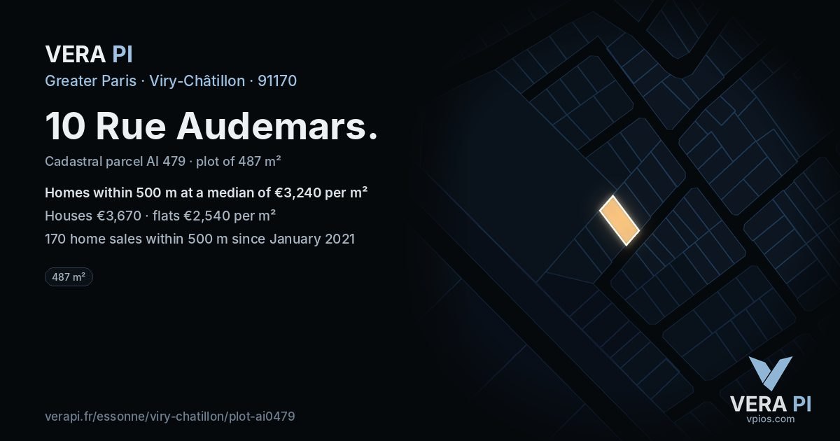 10 Rue Audemars, Viry-Châtillon at night – the plot lit, the parcels around coloured by the prices near them