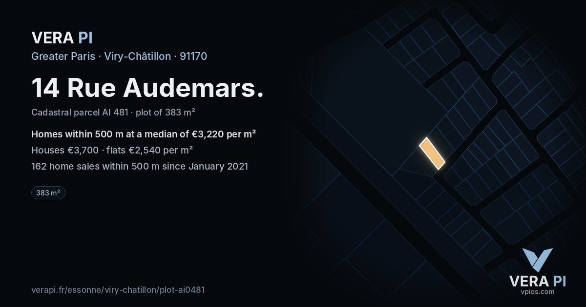 14 Rue Audemars, Viry-Châtillon at night – the plot lit, the parcels around coloured by the prices near them