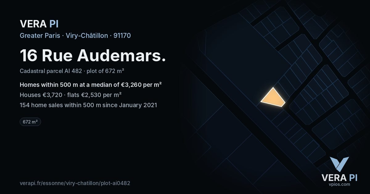 16 Rue Audemars, Viry-Châtillon at night – the plot lit, the parcels around coloured by the prices near them