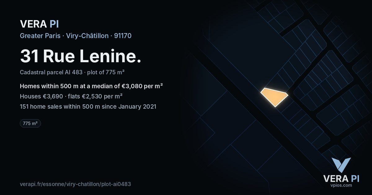 31 Rue Lenine, Viry-Châtillon at night – the plot lit, the parcels around coloured by the prices near them