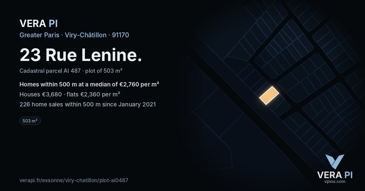 23 Rue Lenine, Viry-Châtillon at night – the plot lit, the parcels around coloured by the prices near them