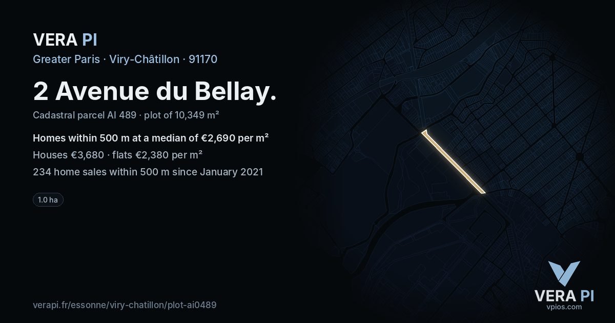 2 Avenue du Bellay, Viry-Châtillon at night – the plot lit, the parcels around coloured by the prices near them