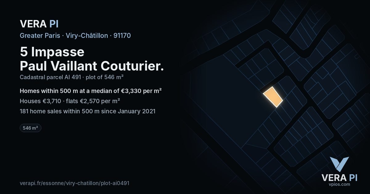 5 Impasse Paul Vaillant Couturier, Viry-Châtillon at night – the plot lit, the parcels around coloured by the prices near them