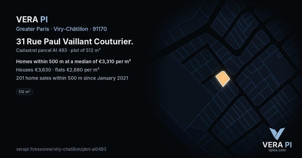 31 Rue Paul Vaillant Couturier, Viry-Châtillon at night – the plot lit, the parcels around coloured by the prices near them