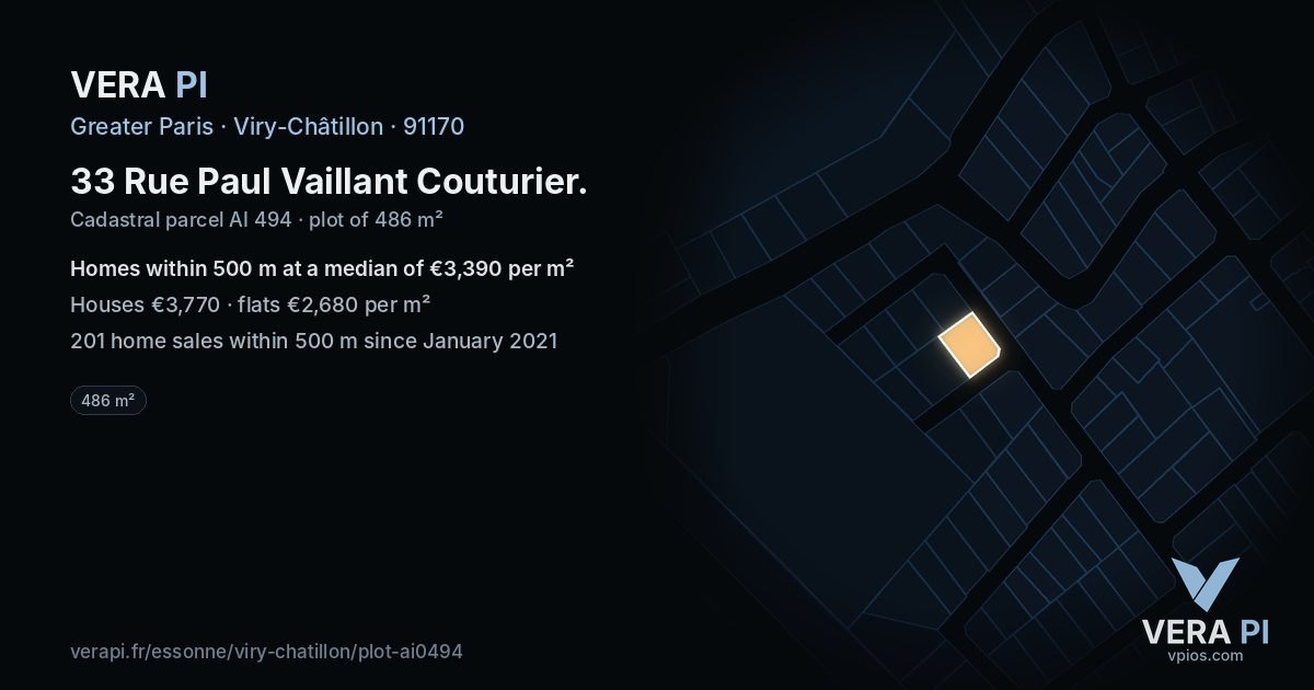 33 Rue Paul Vaillant Couturier, Viry-Châtillon at night – the plot lit, the parcels around coloured by the prices near them