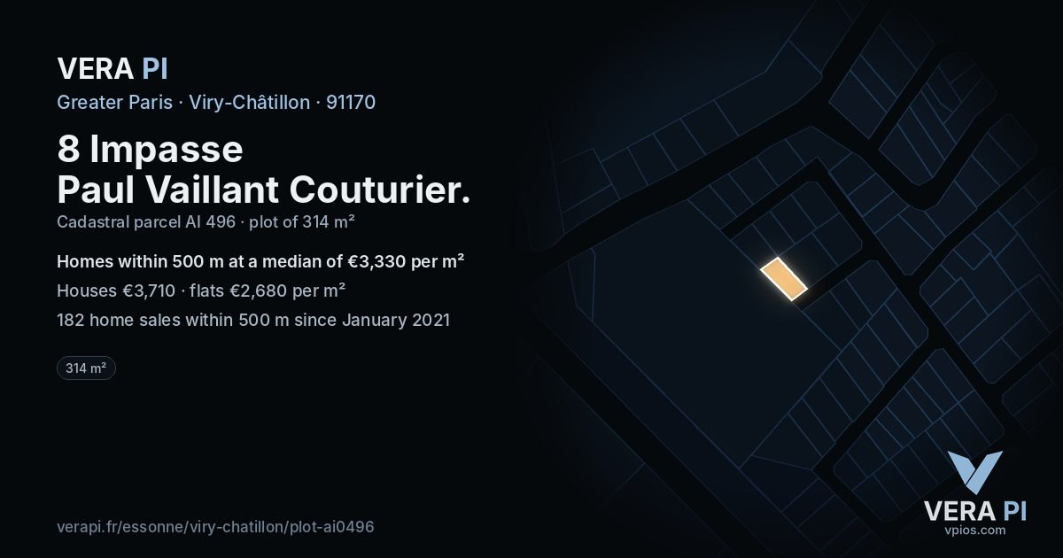 8 Impasse Paul Vaillant Couturier, Viry-Châtillon at night – the plot lit, the parcels around coloured by the prices near them