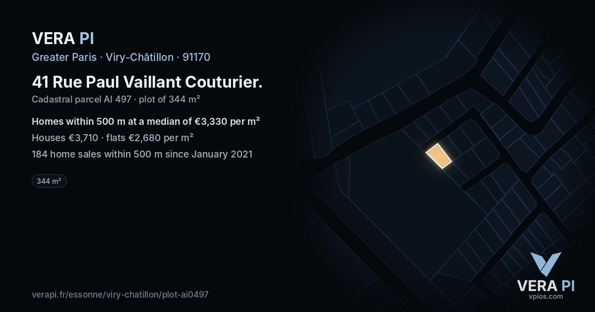 41 Rue Paul Vaillant Couturier, Viry-Châtillon at night – the plot lit, the parcels around coloured by the prices near them