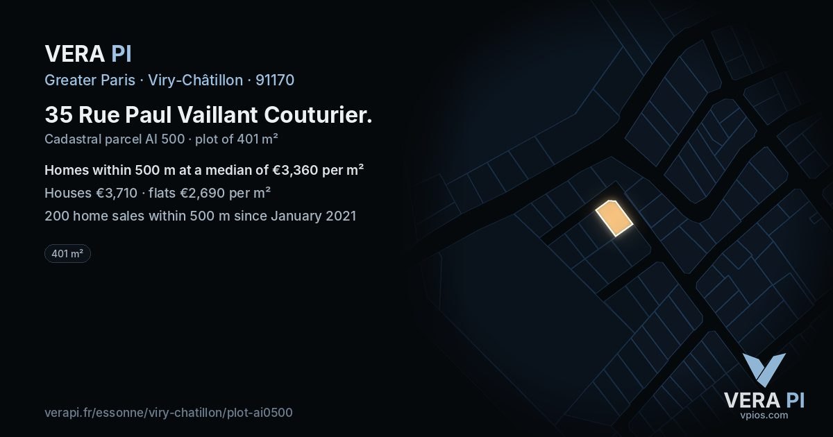 35 Rue Paul Vaillant Couturier, Viry-Châtillon at night – the plot lit, the parcels around coloured by the prices near them