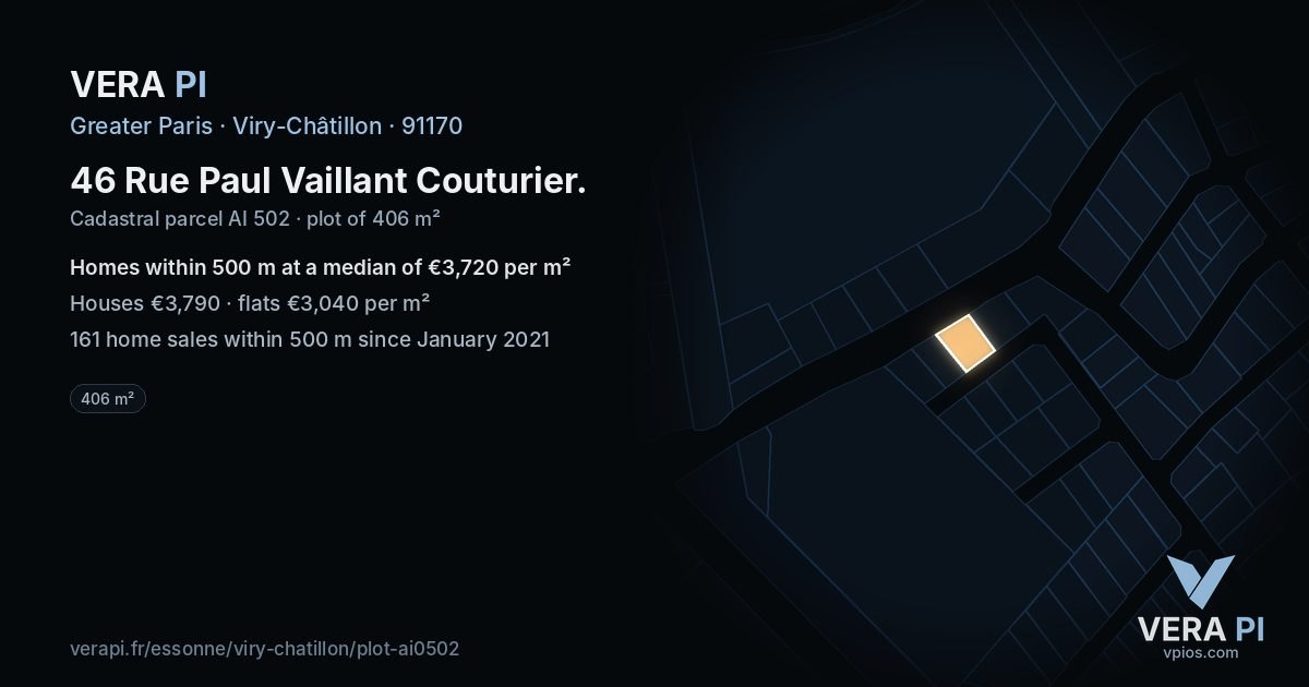 46 Rue Paul Vaillant Couturier, Viry-Châtillon at night – the plot lit, the parcels around coloured by the prices near them