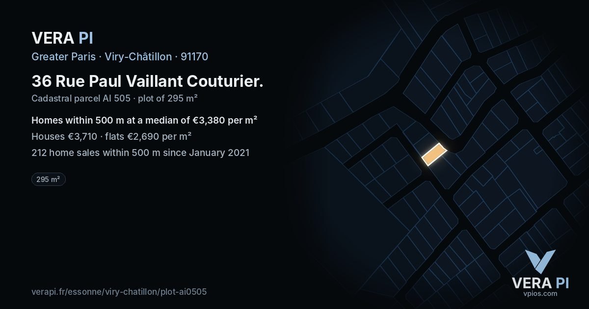 36 Rue Paul Vaillant Couturier, Viry-Châtillon at night – the plot lit, the parcels around coloured by the prices near them