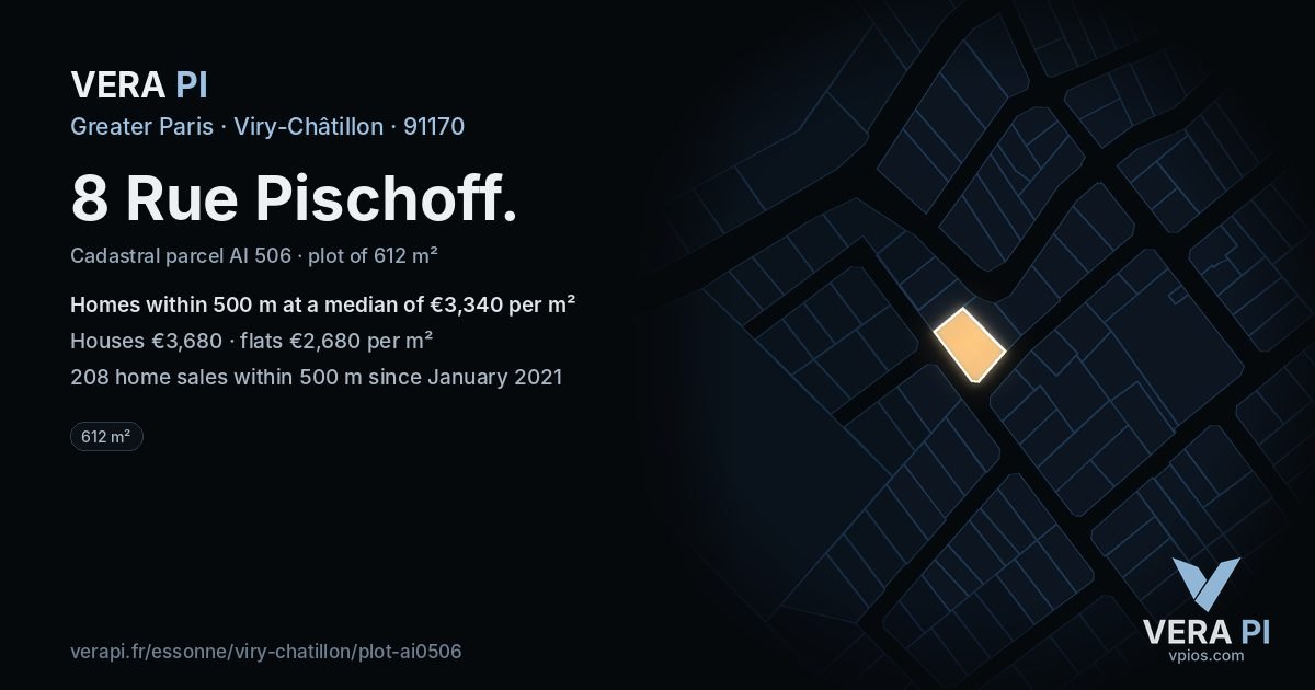 8 Rue Pischoff, Viry-Châtillon at night – the plot lit, the parcels around coloured by the prices near them