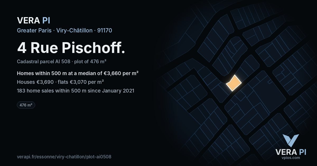 4 Rue Pischoff, Viry-Châtillon at night – the plot lit, the parcels around coloured by the prices near them