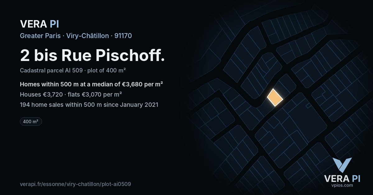 2 bis Rue Pischoff, Viry-Châtillon at night – the plot lit, the parcels around coloured by the prices near them