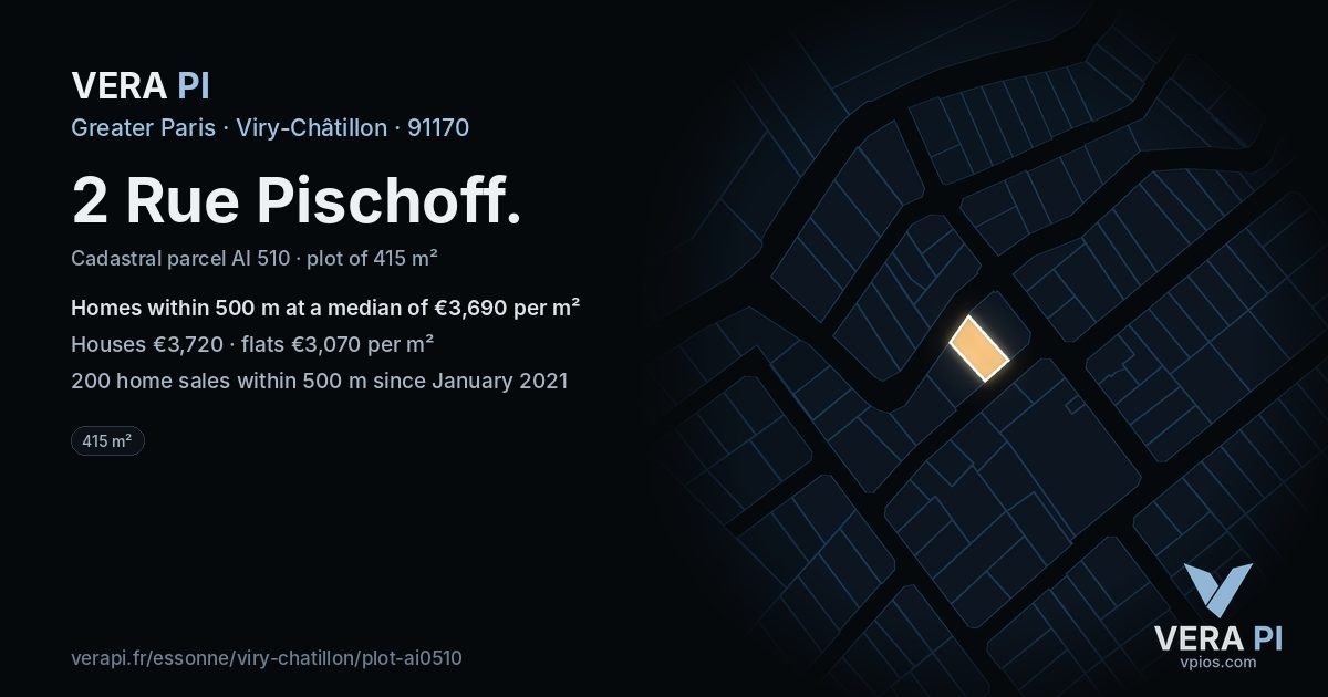 2 Rue Pischoff, Viry-Châtillon at night – the plot lit, the parcels around coloured by the prices near them