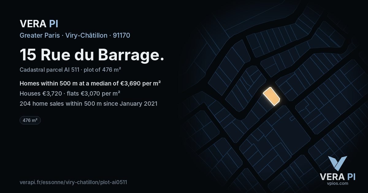 15 Rue du Barrage, Viry-Châtillon at night – the plot lit, the parcels around coloured by the prices near them