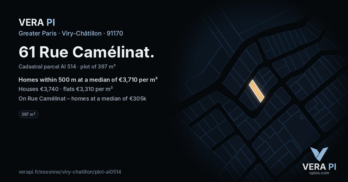 61 Rue Camélinat, Viry-Châtillon at night – the plot lit, the parcels around coloured by the prices near them