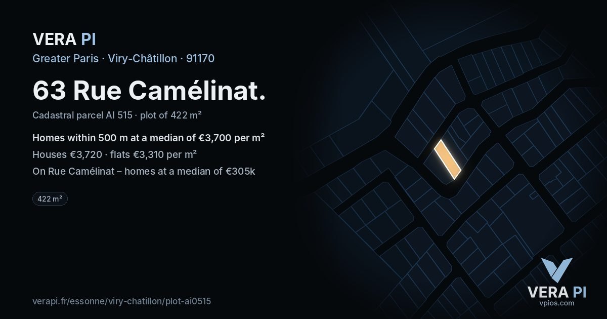 63 Rue Camélinat, Viry-Châtillon at night – the plot lit, the parcels around coloured by the prices near them