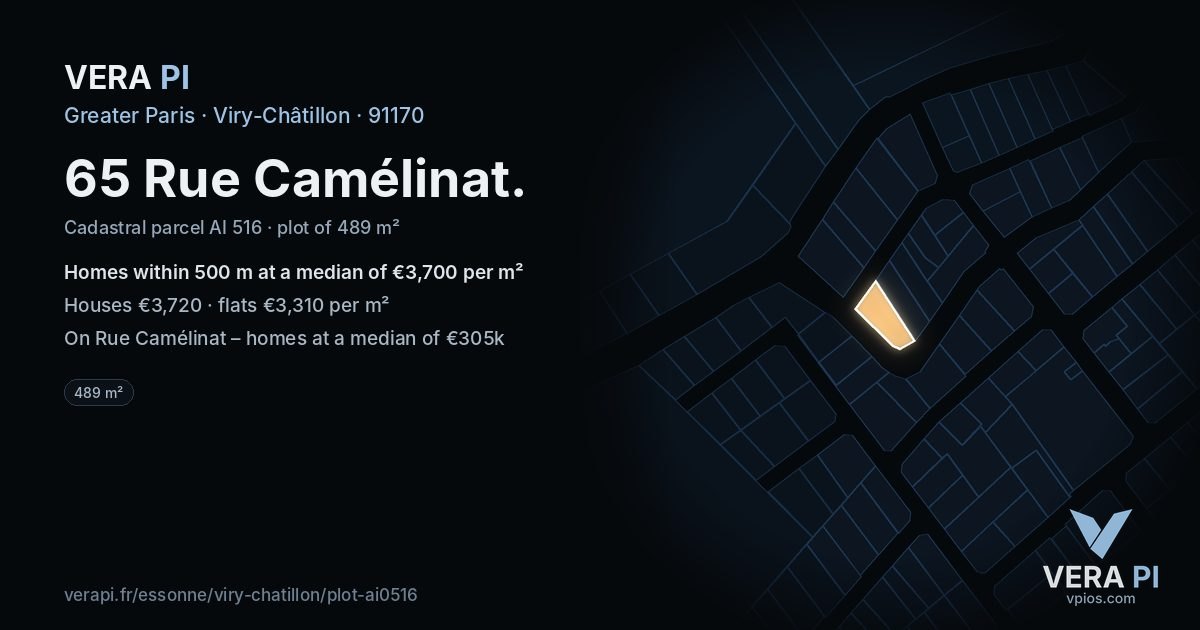 65 Rue Camélinat, Viry-Châtillon at night – the plot lit, the parcels around coloured by the prices near them