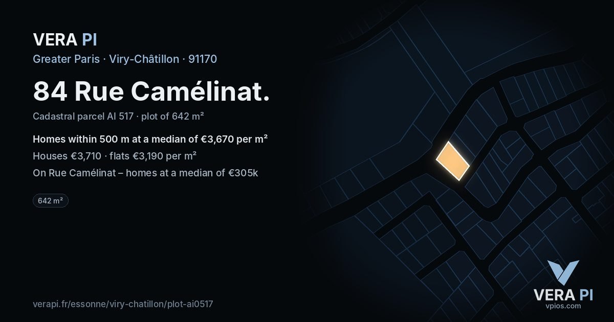84 Rue Camélinat, Viry-Châtillon at night – the plot lit, the parcels around coloured by the prices near them