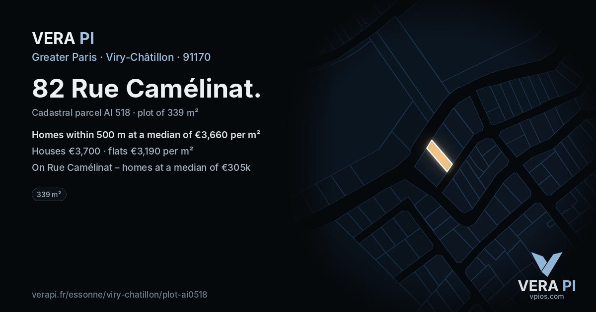 82 Rue Camélinat, Viry-Châtillon at night – the plot lit, the parcels around coloured by the prices near them