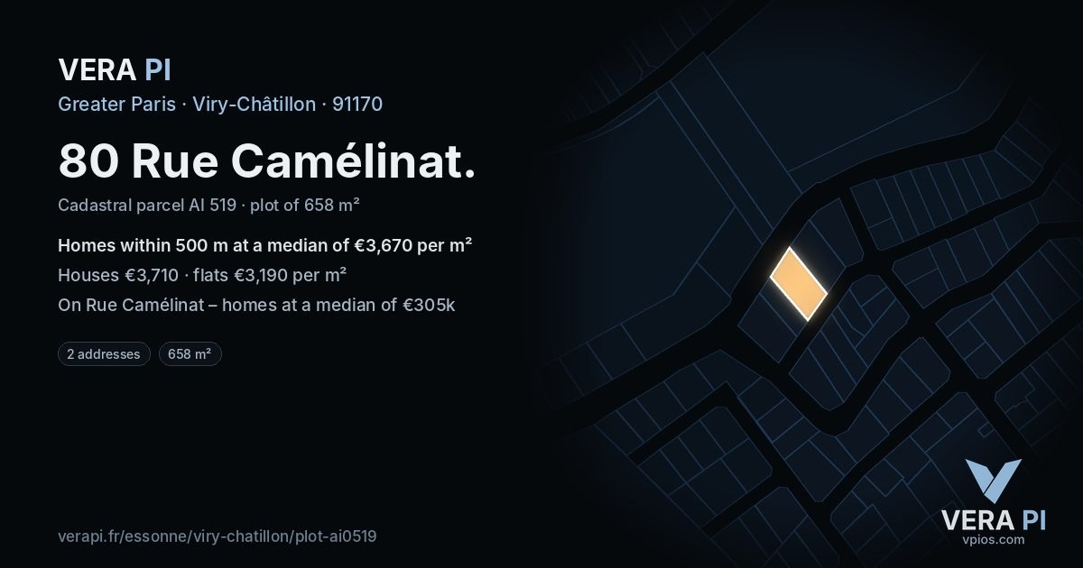 80 Rue Camélinat, Viry-Châtillon at night – the plot lit, the parcels around coloured by the prices near them