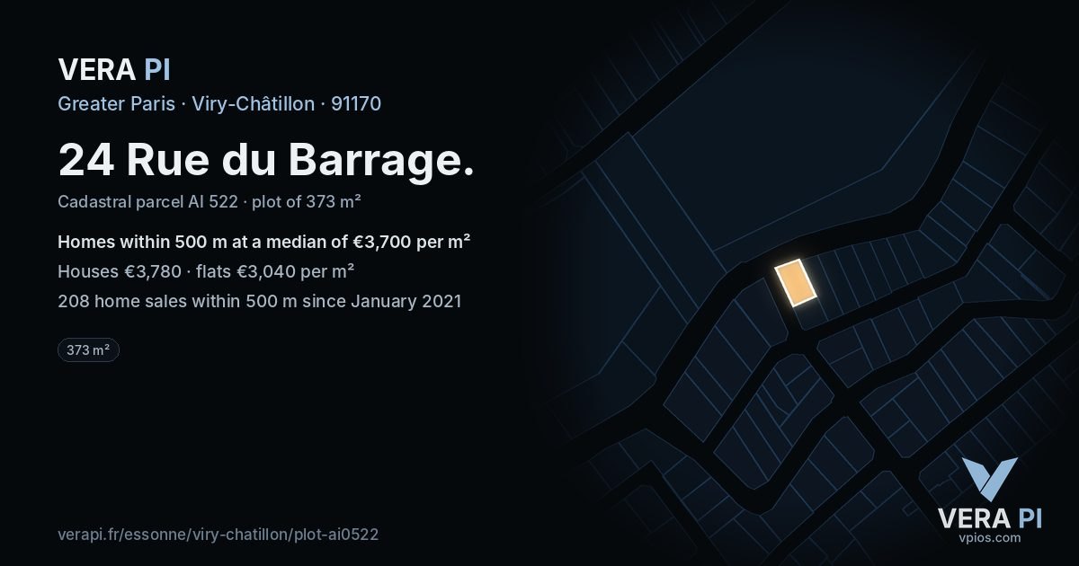 24 Rue du Barrage, Viry-Châtillon at night – the plot lit, the parcels around coloured by the prices near them