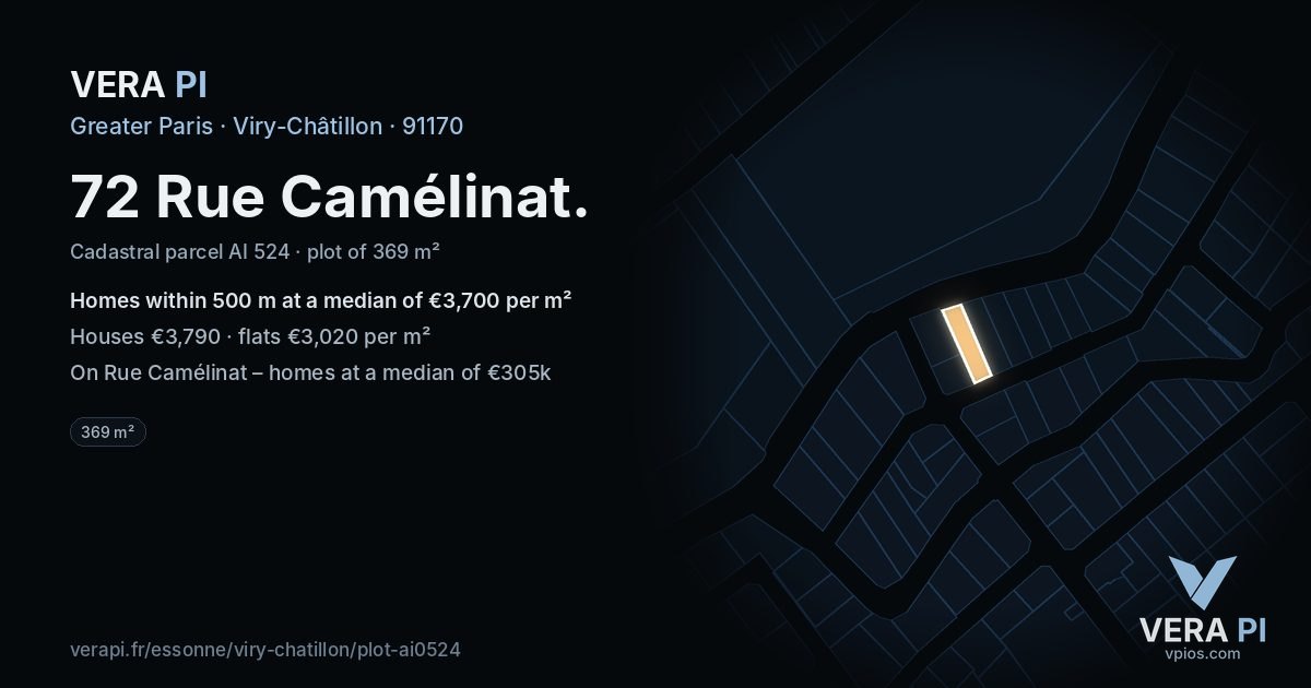 72 Rue Camélinat, Viry-Châtillon at night – the plot lit, the parcels around coloured by the prices near them