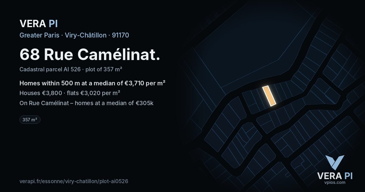 68 Rue Camélinat, Viry-Châtillon at night – the plot lit, the parcels around coloured by the prices near them