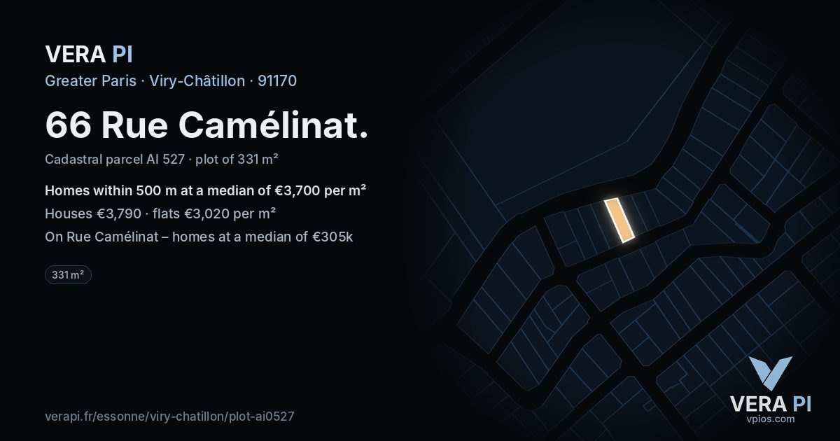 66 Rue Camélinat, Viry-Châtillon at night – the plot lit, the parcels around coloured by the prices near them
