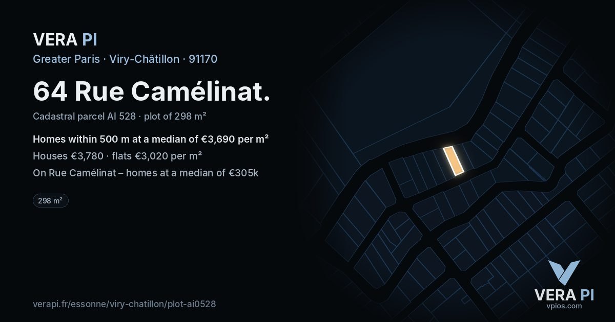 64 Rue Camélinat, Viry-Châtillon at night – the plot lit, the parcels around coloured by the prices near them