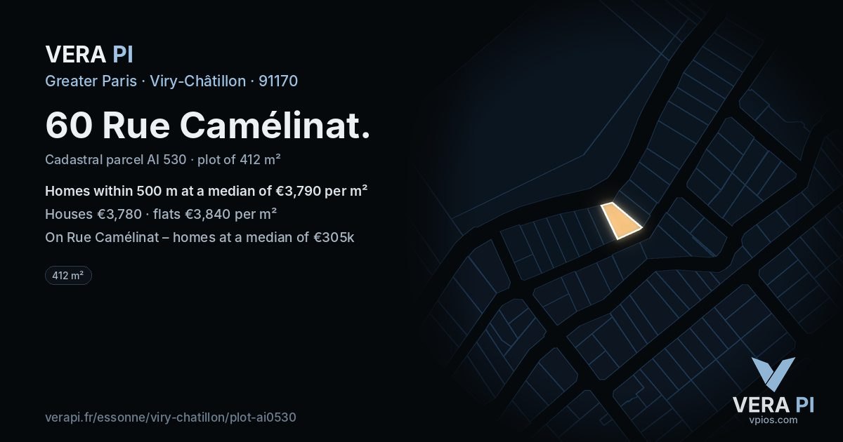 60 Rue Camélinat, Viry-Châtillon at night – the plot lit, the parcels around coloured by the prices near them