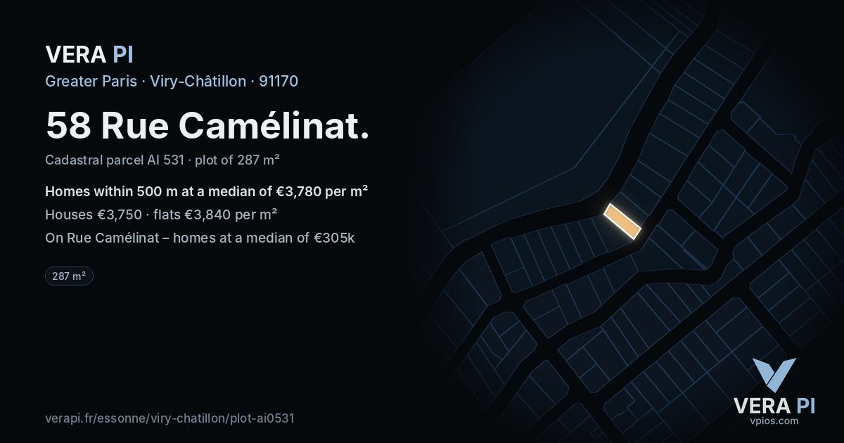 58 Rue Camélinat, Viry-Châtillon at night – the plot lit, the parcels around coloured by the prices near them