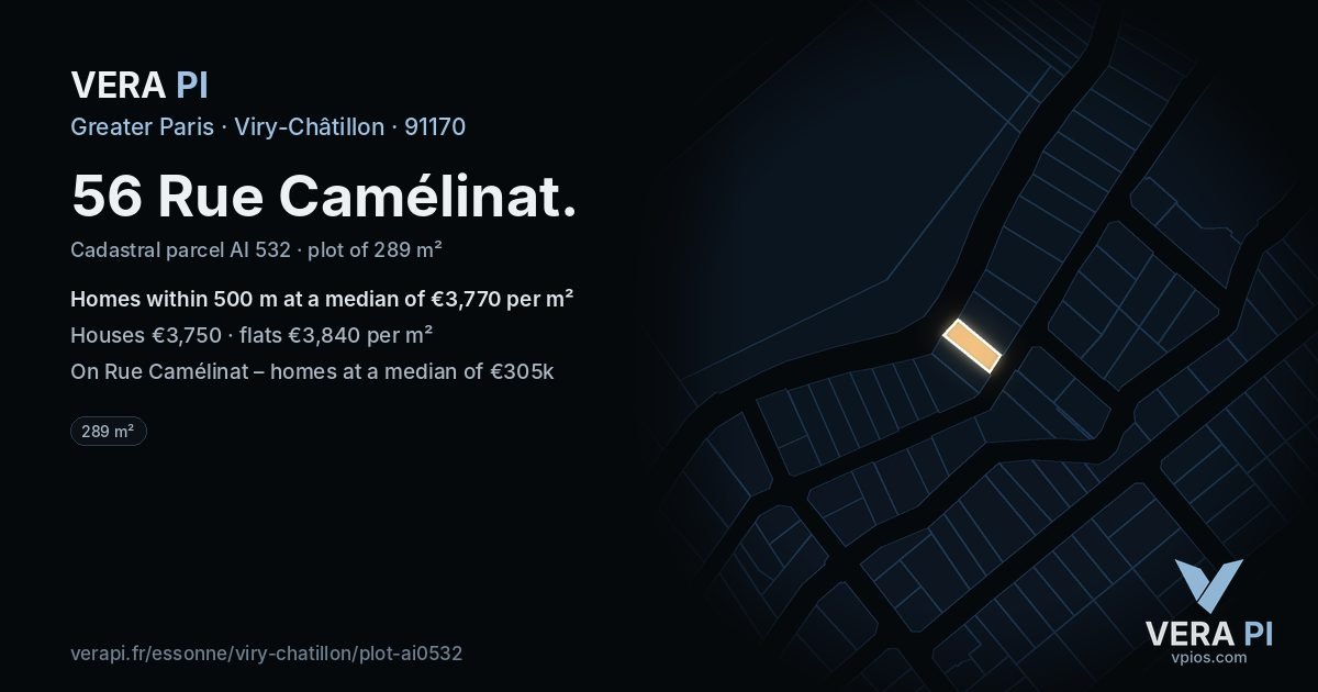 56 Rue Camélinat, Viry-Châtillon at night – the plot lit, the parcels around coloured by the prices near them