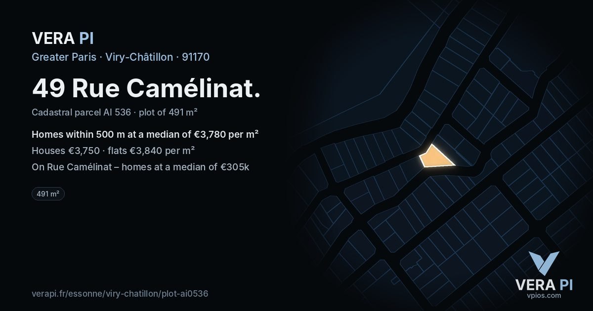 49 Rue Camélinat, Viry-Châtillon at night – the plot lit, the parcels around coloured by the prices near them