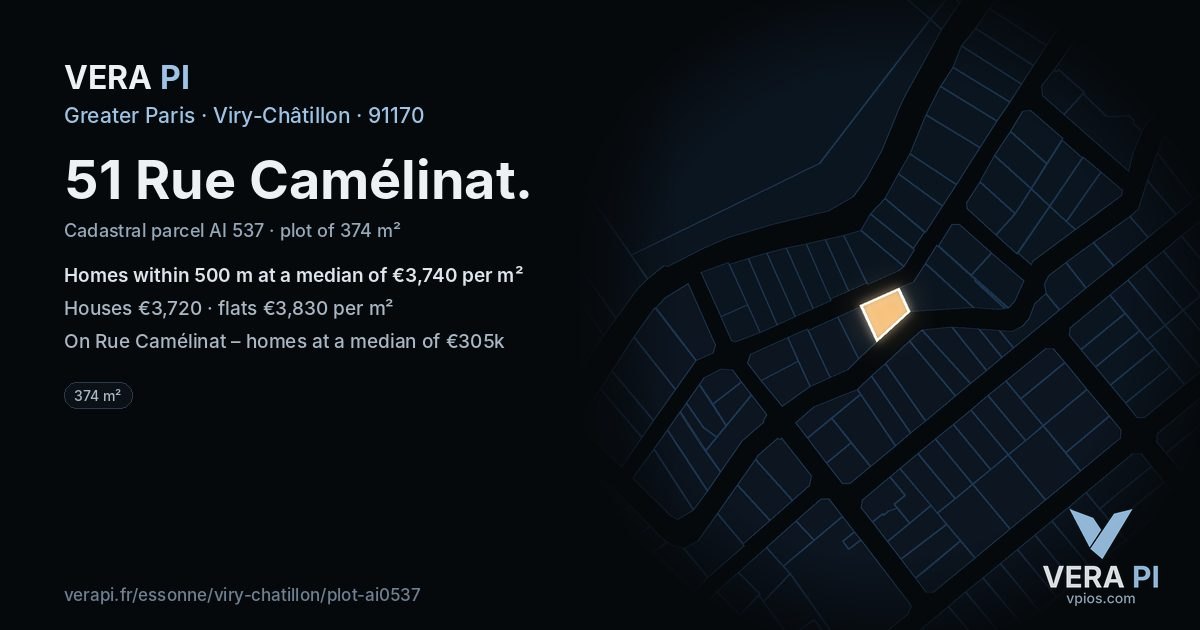 51 Rue Camélinat, Viry-Châtillon at night – the plot lit, the parcels around coloured by the prices near them