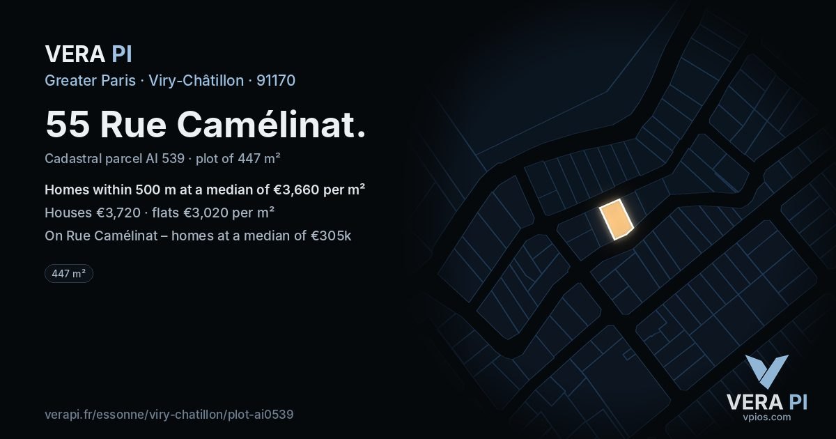 55 Rue Camélinat, Viry-Châtillon at night – the plot lit, the parcels around coloured by the prices near them