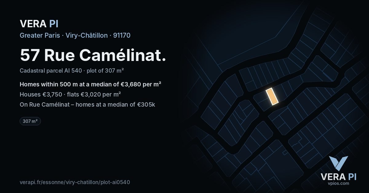 57 Rue Camélinat, Viry-Châtillon at night – the plot lit, the parcels around coloured by the prices near them