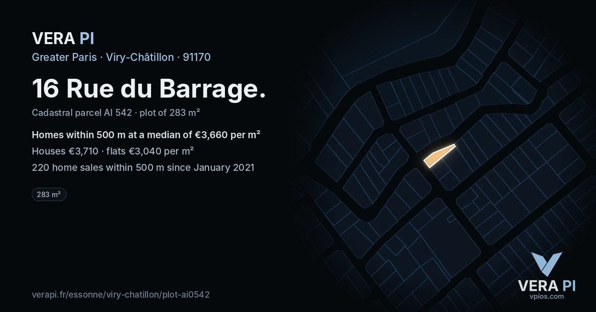 16 Rue du Barrage, Viry-Châtillon at night – the plot lit, the parcels around coloured by the prices near them