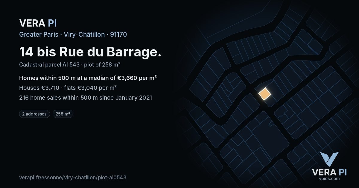 14 bis Rue du Barrage, Viry-Châtillon at night – the plot lit, the parcels around coloured by the prices near them