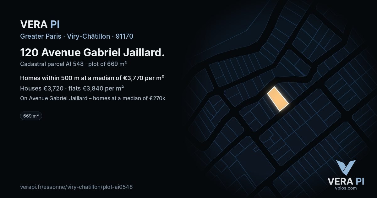 120 Avenue Gabriel Jaillard, Viry-Châtillon at night – the plot lit, the parcels around coloured by the prices near them