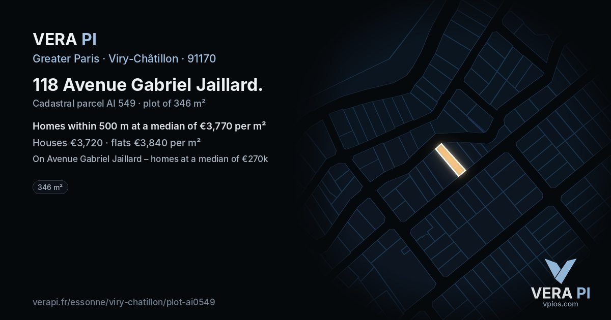 118 Avenue Gabriel Jaillard, Viry-Châtillon at night – the plot lit, the parcels around coloured by the prices near them