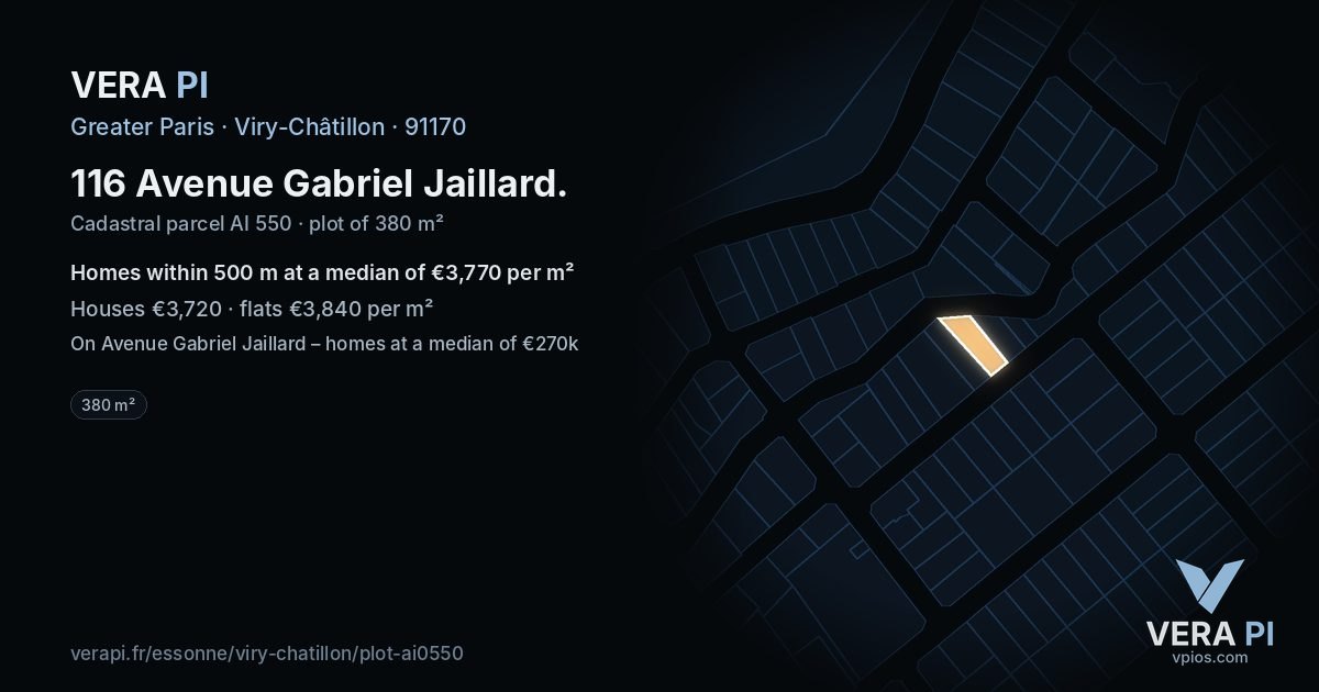 116 Avenue Gabriel Jaillard, Viry-Châtillon at night – the plot lit, the parcels around coloured by the prices near them