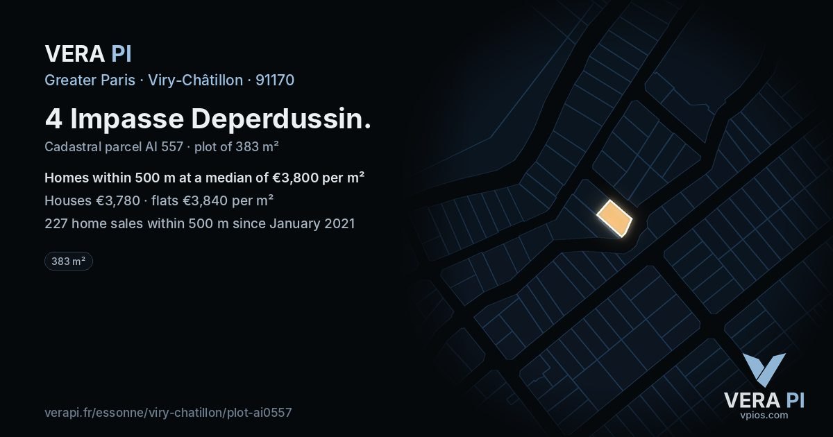 4 Impasse Deperdussin, Viry-Châtillon at night – the plot lit, the parcels around coloured by the prices near them