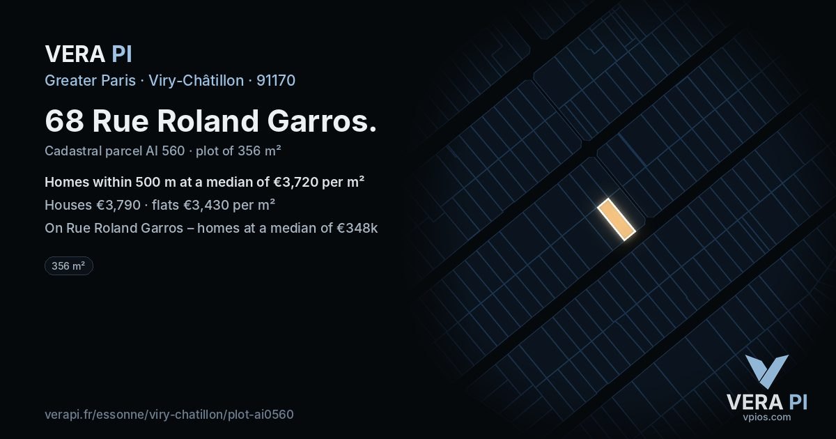 68 Rue Roland Garros, Viry-Châtillon at night – the plot lit, the parcels around coloured by the prices near them