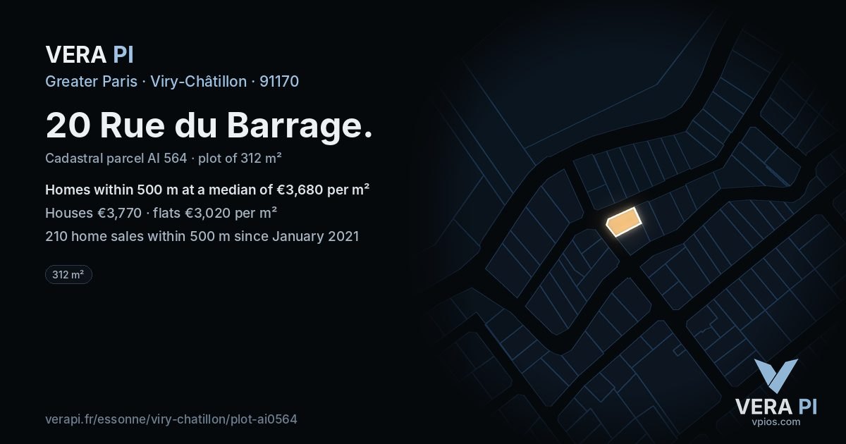 20 Rue du Barrage, Viry-Châtillon at night – the plot lit, the parcels around coloured by the prices near them