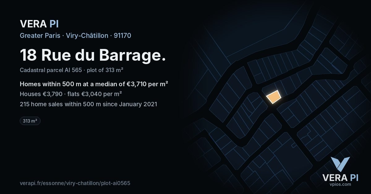 18 Rue du Barrage, Viry-Châtillon at night – the plot lit, the parcels around coloured by the prices near them