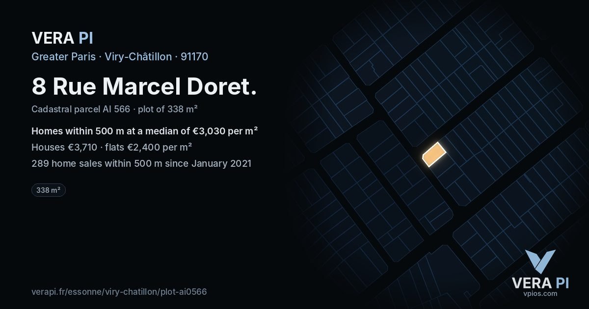 8 Rue Marcel Doret, Viry-Châtillon at night – the plot lit, the parcels around coloured by the prices near them