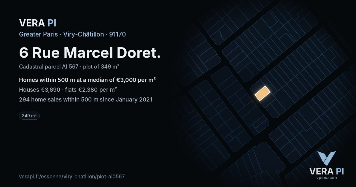 6 Rue Marcel Doret, Viry-Châtillon at night – the plot lit, the parcels around coloured by the prices near them